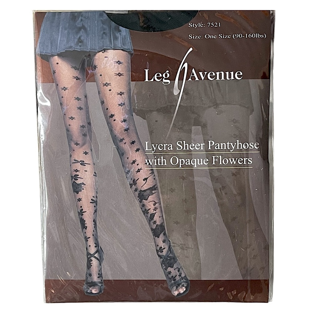 3/$20 💥‎ Leg Avenue Sheer Black Tights w/ Opaque Flowers | NWT